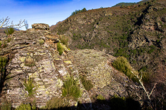 Partial view of the hill fort of Vilar in the Sierra del Caurel located on the crest of a rock. Lugo, Galicia, Spain.