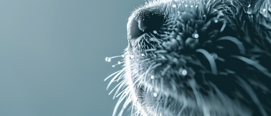  A sharp photo of a dog's face, droplets glistening on its wet fur and nostrils