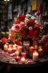 A table covered in numerous candles and colorful flowers, creating a vibrant and decorative display for a special occasion or event. The candles are lit, adding a warm glow to the setting