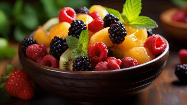 A bowl of fruit salad with strawberries, blackberries, kiwi, and raspberries