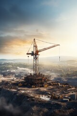A large crane sits atop a bustling construction site, overseeing the progress of building activities. Its towering presence signifies the scale and development of the project