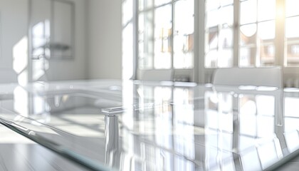 glass table on the background of a window , transparent glass