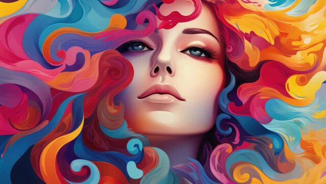 A woman with a colorful, curly hairstyle is the main focus. The vibrant colors and flowing hair give the impression of a lively, energetic, and creative personality