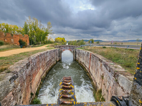 seventh lock of the Canal de Castilla in Herrera de Pisuerga, Palencia province