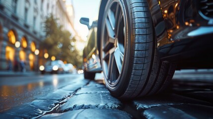 Low Angle Shot of a Car Tire in Motion on a Street Generative AI