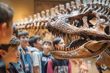 Group of Children Fascinated by a Tyrannosaurus Rex Skeleton at a Natural History Museum Exhibition