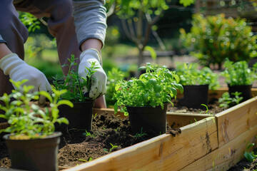 DIY Garden Projects: man building a raised garden bed planting herbs in pots, getting their hands dirty in the soil and enjoying the satisfaction of creating something new.