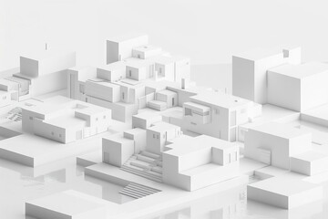 simple floating isometric video game of builing blocks creating a living community, simple, modules, 3d printed, monochrome, white, modular cubes, modern architecture