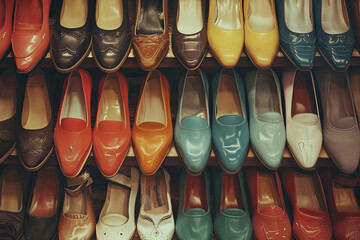 Many Vintage Women's Shoes in Different Colors Displayed at a Secondhand Shoe Store.