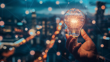  A light bulb with a stream of yellow light is held by someone in front of a city skyline,showing the bright lights from all directions. Business idea. Brainstorming. Corporate life. Bright idea.