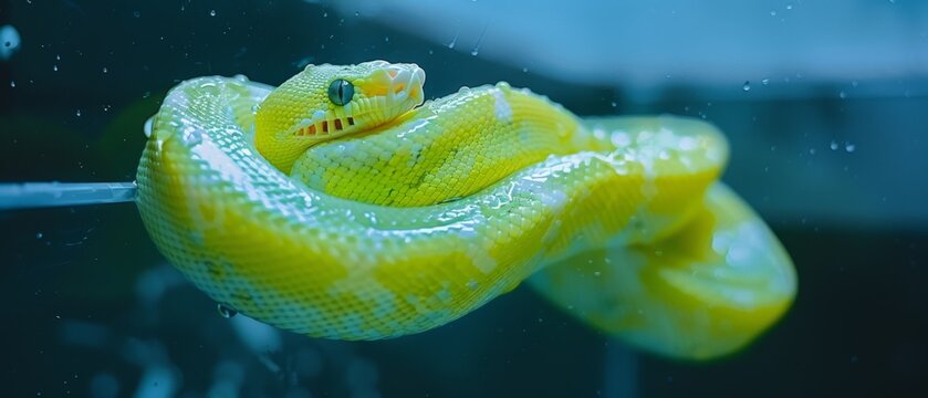  A macro of a yellow serpent exhibiting a dark band on its head and bicolor markings on the crown