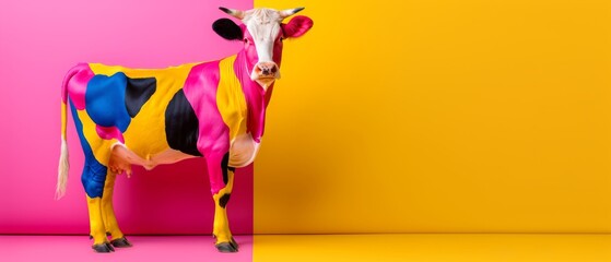  A cow in a pink-and-yellow room with pink-and-yellow walls behind it - obrazy, fototapety, plakaty