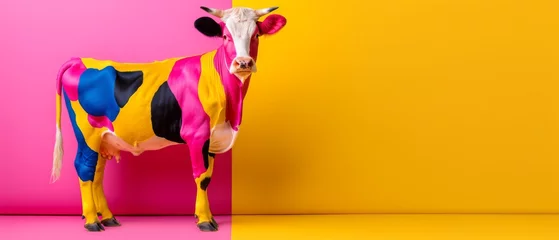 Foto op Aluminium  A cow in a pink-and-yellow room with pink-and-yellow walls behind it © Wall