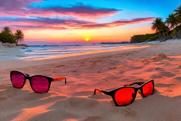 Stylish sunglasses resting on a sandy beach