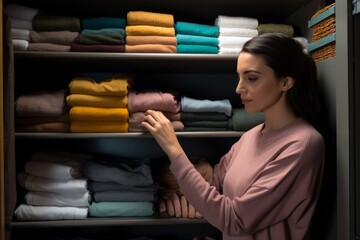 A woman is meticulously arranging folded clothes in a closet, neatly stacking each item. She appears focused on the task at hand, creating a sense of organization and tidiness in the closet