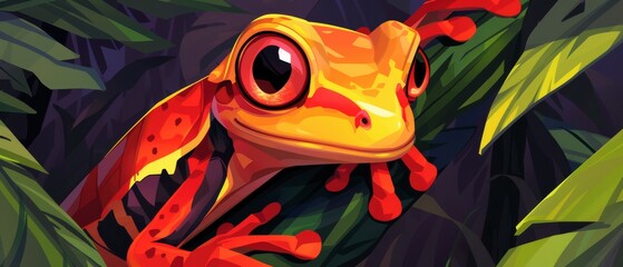  A yellow frog perched on top of a leafy green plant, surrounded by red and yellow water droplets