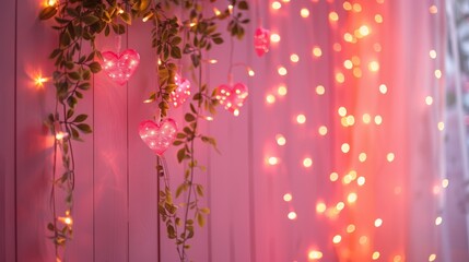 Pink Heart-Shaped Garlands and Lights Creating a Dreamy Atmosphere for Valentine's Day Generative AI