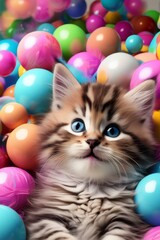 Multi-colored balloons and funny cat, kitty. Holiday. Birthday.