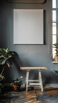 a photorealistic home decor with large blank painting on wall, kodak film, natural light, 85mm, f 12, highly detailed, 8K