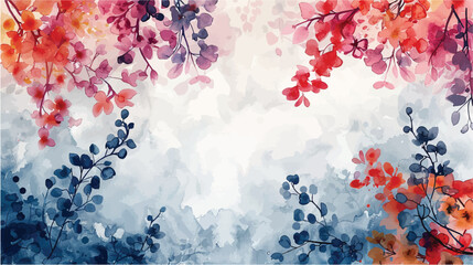 A painting featuring red and blue flowers set against a white background
