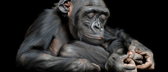Fototapeta premium Chimpan in focused stare, hands on chest