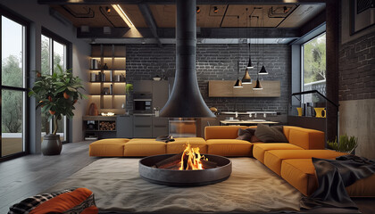 modern elegance fireside comfort in the living room - obrazy, fototapety, plakaty