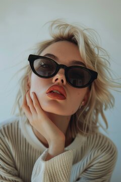 Stylish Blonde Model Posing in Black Sunglasses, Blowing a Kiss for Instagram Generative AI
