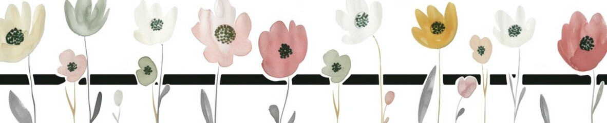 Obraz premium Abstract minimalistic scandinavian botanical art with warm color tones. A delicate composition of floral and foliage elements intertwined with abstract warm colored shapes and subtle brushstrokes