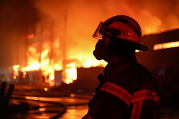 French Firefighter's Silhouette Contrasted with Warehouse Inferno at Night Generative AI