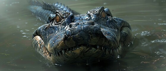  An image captures a close-up of an alligator's head, partially submerged in water with its mouth open, revealing sharp teeth