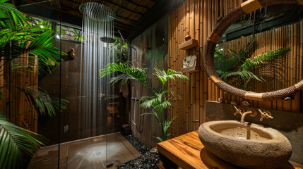 A tropical oasis bathroom with bamboo walls, a waterfall shower, and a stone vessel sink