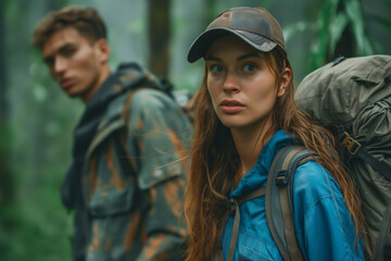 Fototapeta premium Happy couple and tourists enjoying hiking Ready to spread out an outdoor map An explorer in the forest, an archaeologist 