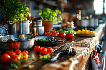 Cooking home: closeup of pans, utensils and food ingredients on a kitchen table. - obrazy, fototapety, plakaty