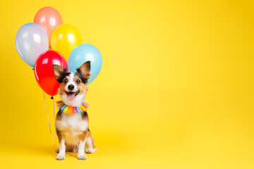 Funny dog with helium balloons on yellow background, copy space.