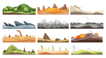 Collection game landscapes. Cartoon design nature. Landscape of soil sections. Illustration of cross section ground slices isolated on white background