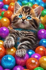 Fototapeta na wymiar Multi-colored balloons and funny cat, kitty. Holiday. Birthday.