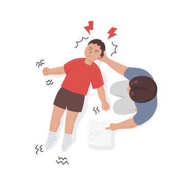 Isolated of a child boy with epileptic seizures and father with pillow, Hand drawn flat vector epilepsy illustration.