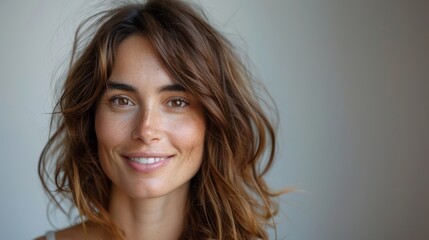 Medium Length Brown Haired Woman Smiling Frontally at Half Length Generative AI