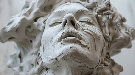 Detailed Closeup of Weathered Stone Sculpture Depicting Contemplative Human Face