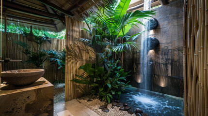 A tropical oasis bathroom with bamboo walls, a waterfall shower, and a stone vessel sink