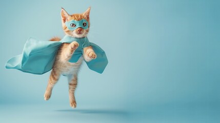 superhero cat, Cute orange tabby kitty with a blue cloak and mask jumping and flying on light blue background with copy space. The concept of a superhero, super cat, leader, funny animal studio shot. - obrazy, fototapety, plakaty