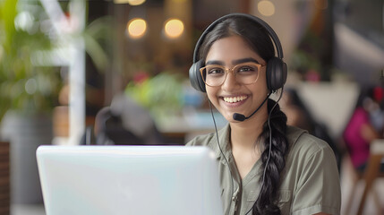 Happy Indian customer service representative wearing headset talking to customers working in customer support office Professional using laptop chatting
