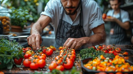 Chef arranging fresh tomatoes at farmers market: close-up of chef carefully selecting ripe tomatoes among an assortment of fresh vegetables