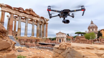 Behold the stunning contrast of old and new as a drone hovers over the ancient ruins of Rome - 766368164