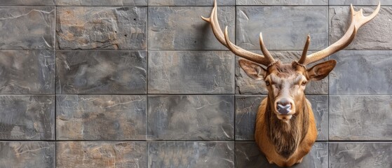  A close-up photo of a deer's face on a brick wall