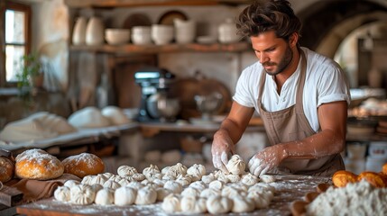 Artisan baker kneading dough in rustic bakery: skilled male baker prepares dough amidst a sunlit, traditional bakery setting