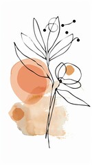Abstract minimalistic scandinavian botanical art with warm color tones. A delicate composition of floral and foliage elements intertwined with abstract warm colored shapes and subtle brushstrokes