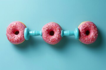 A dumbbell made of donuts on a blue background, in a flat lay studio shot, in the style of photorealistic, high resolution photography