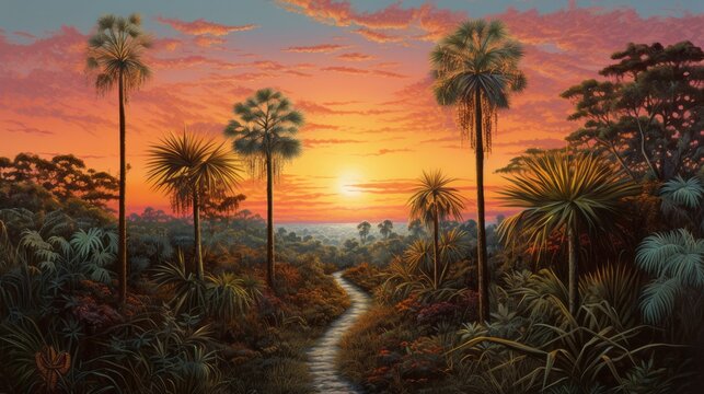A painting of a tropical forest with a path leading through it. The sun is setting in the background, casting a warm glow over the scene. The trees are lush and green
