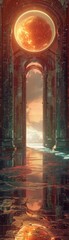 Scifi oracles chamber, a sunshaped window framing the future in vivid colors, a perfect scene for a trading card, 
